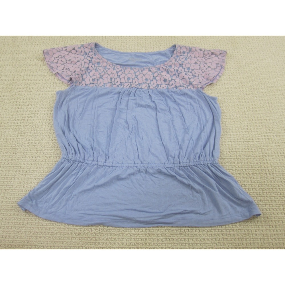 Merona Shirt Womens Juniors XL Blue‎ Pink Floral Lace Short Sleeve Blouse